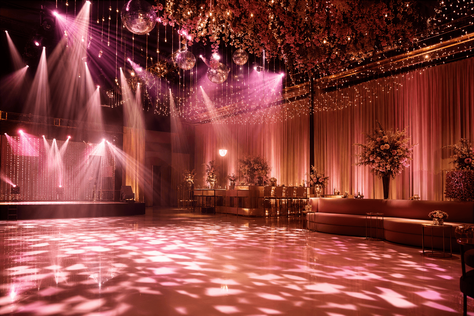 Pista de danca iluminada para uma festa de debutante