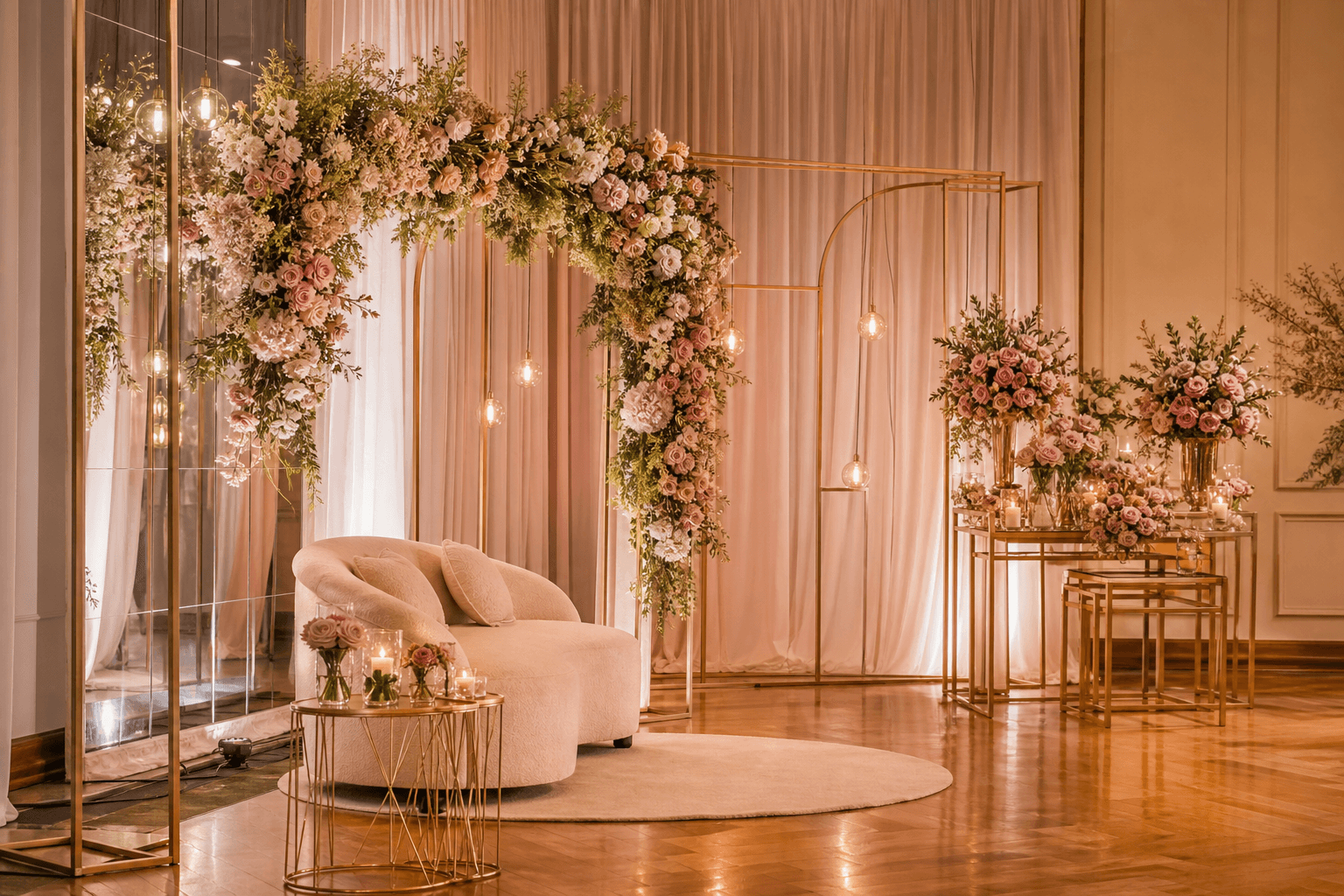 Cenario floral elegante para fotos em festa de 15 anos