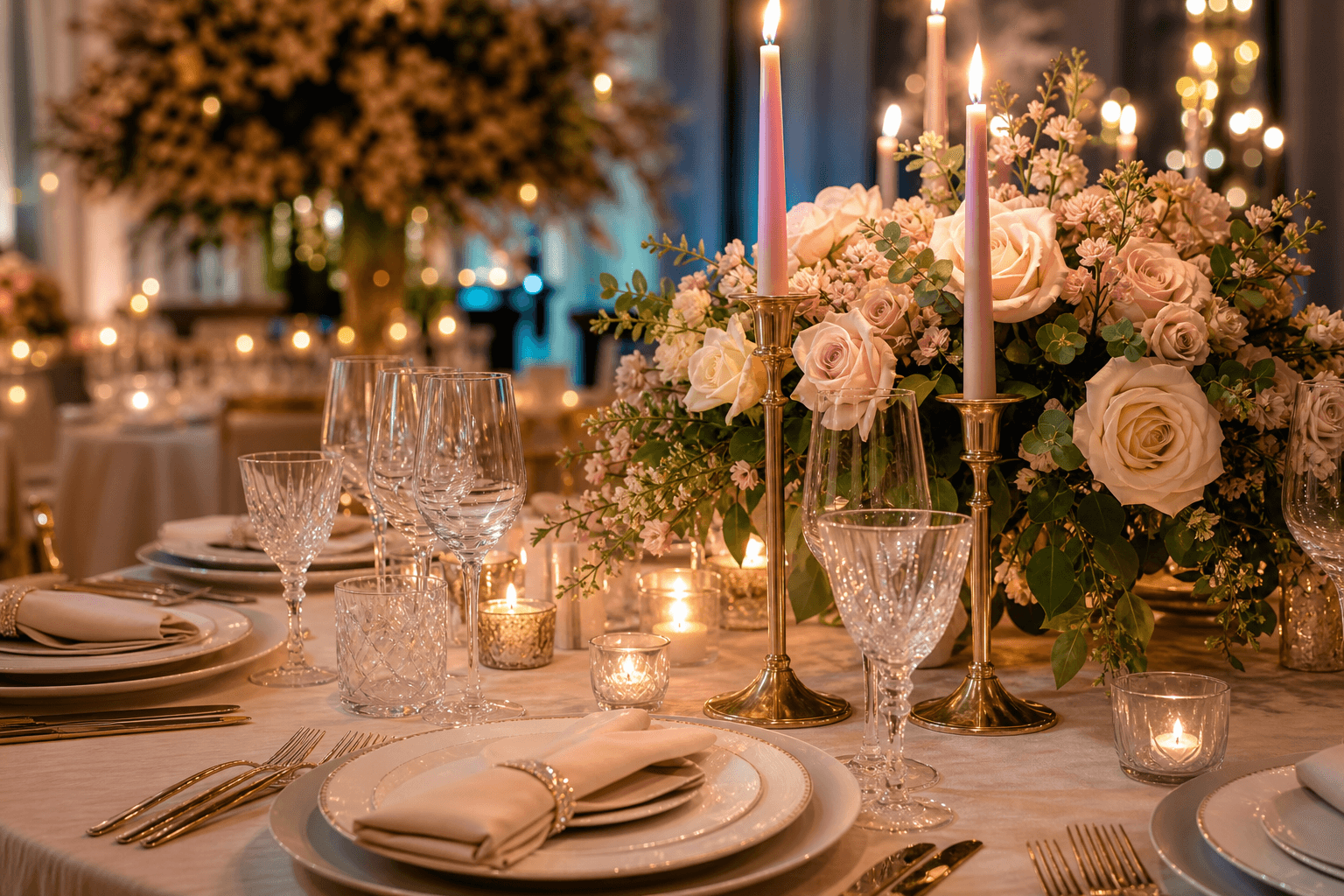 Detalhe de mesa decorada com flores e velas para festa de 15 anos